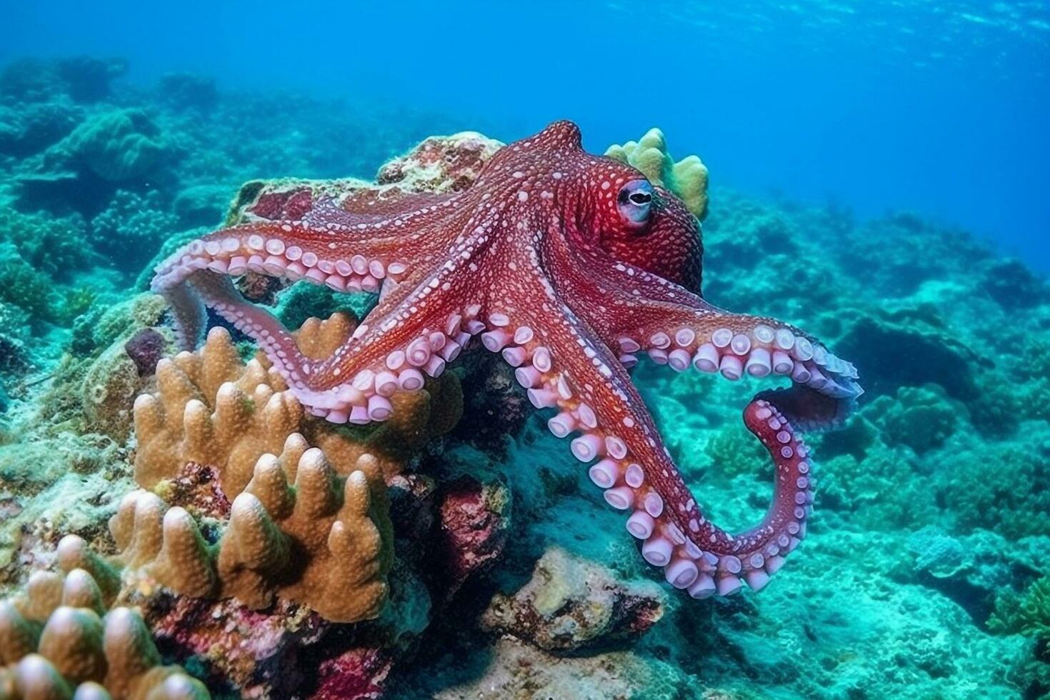 Red Octopus on coral reef in the Sea.Generative Ai. photo