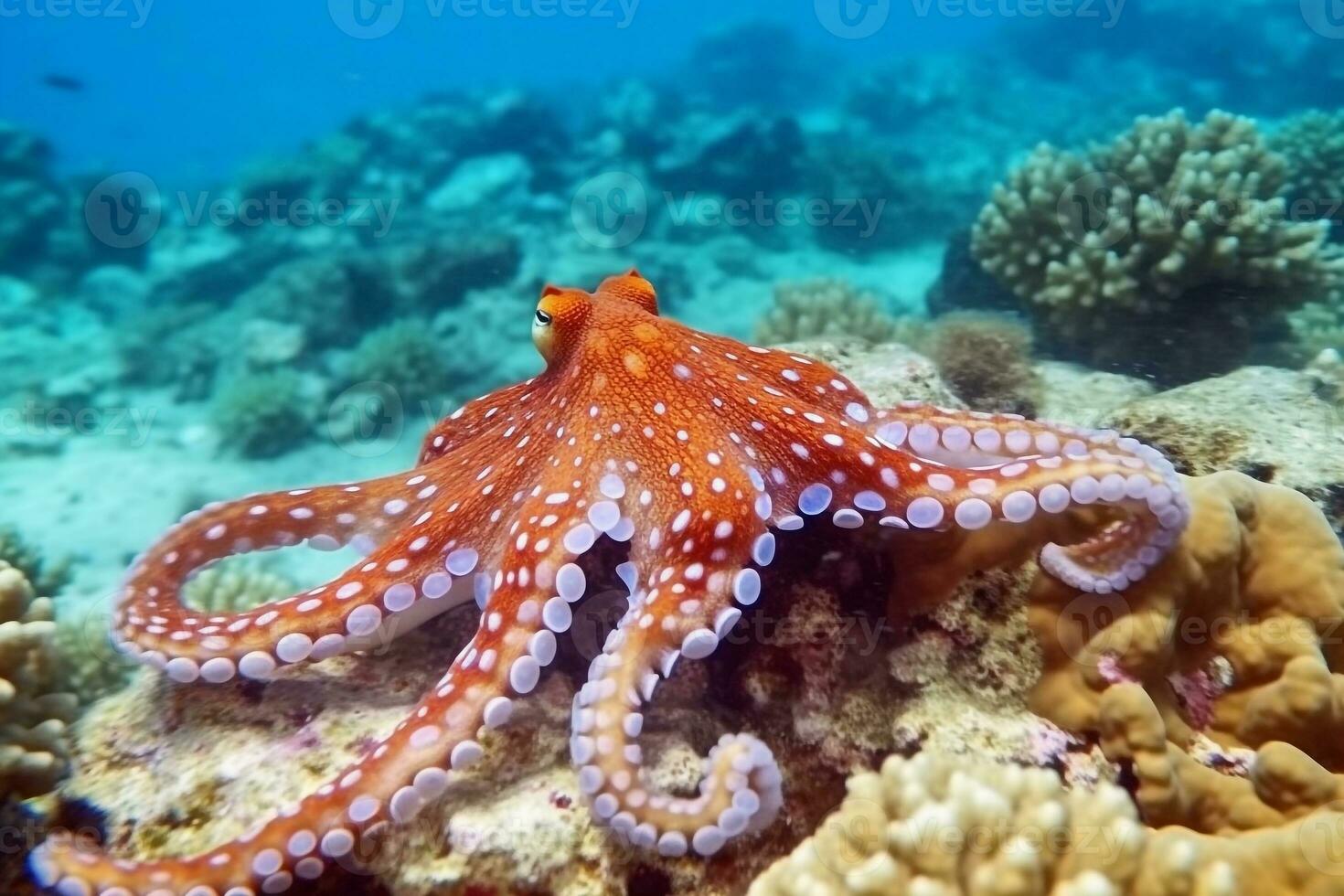 Red Octopus on coral reef in the Sea.Generative Ai. photo