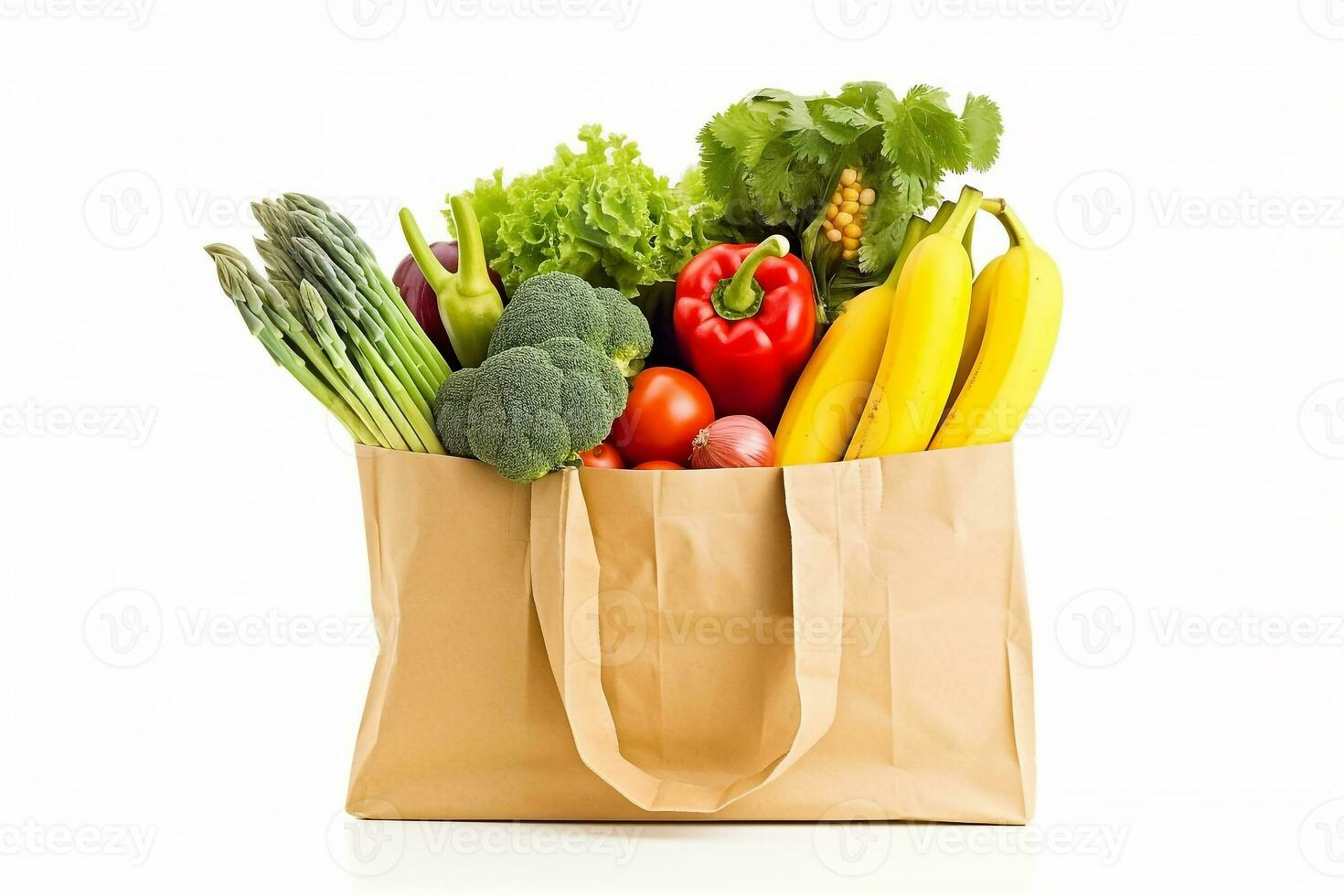 Shopping bags with fruits and vegetables isolated on white background.Generative Ai. photo
