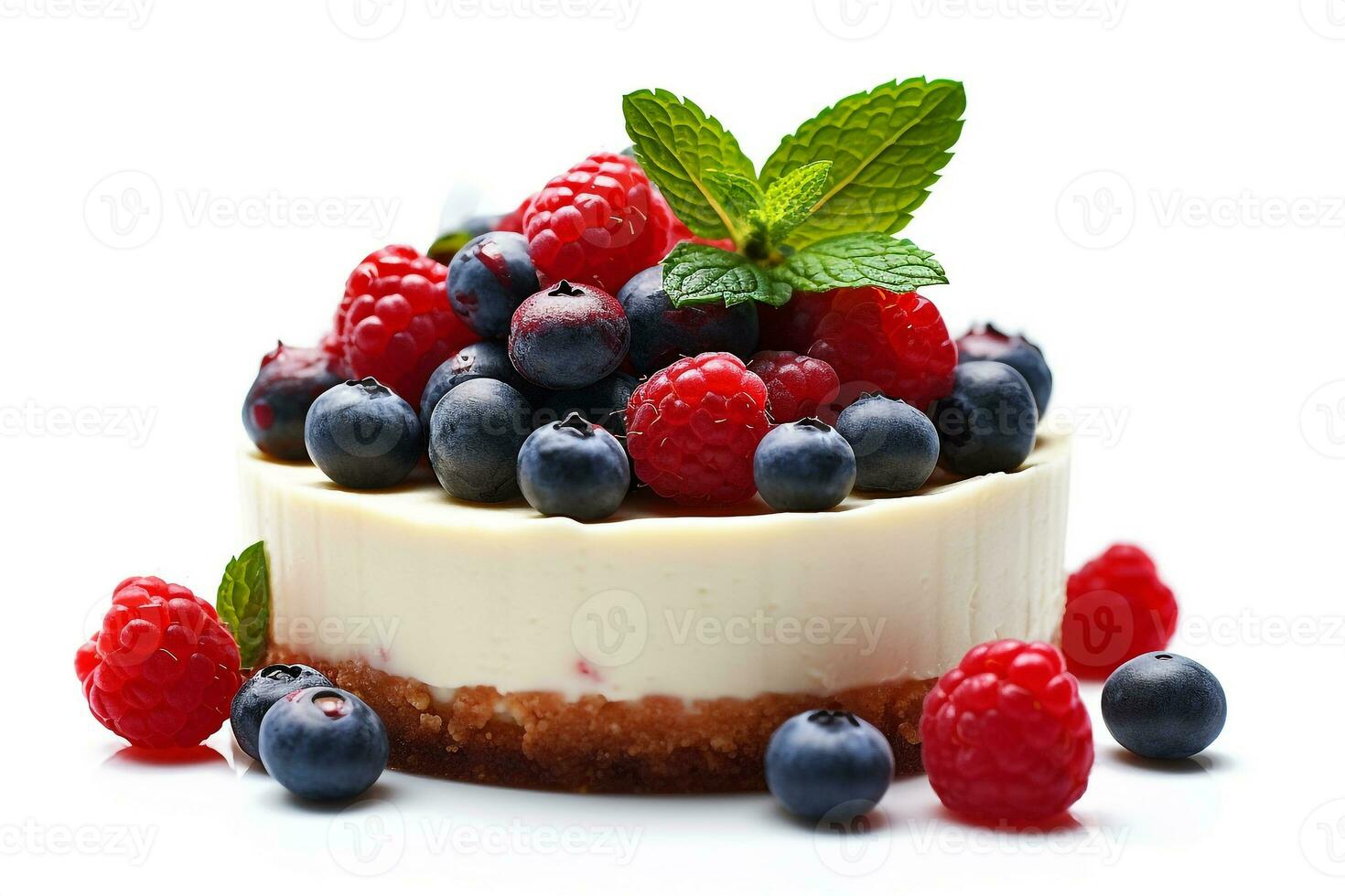 Cheesecakes with fresh berries and mint isolated on white background.Generative Ai. photo