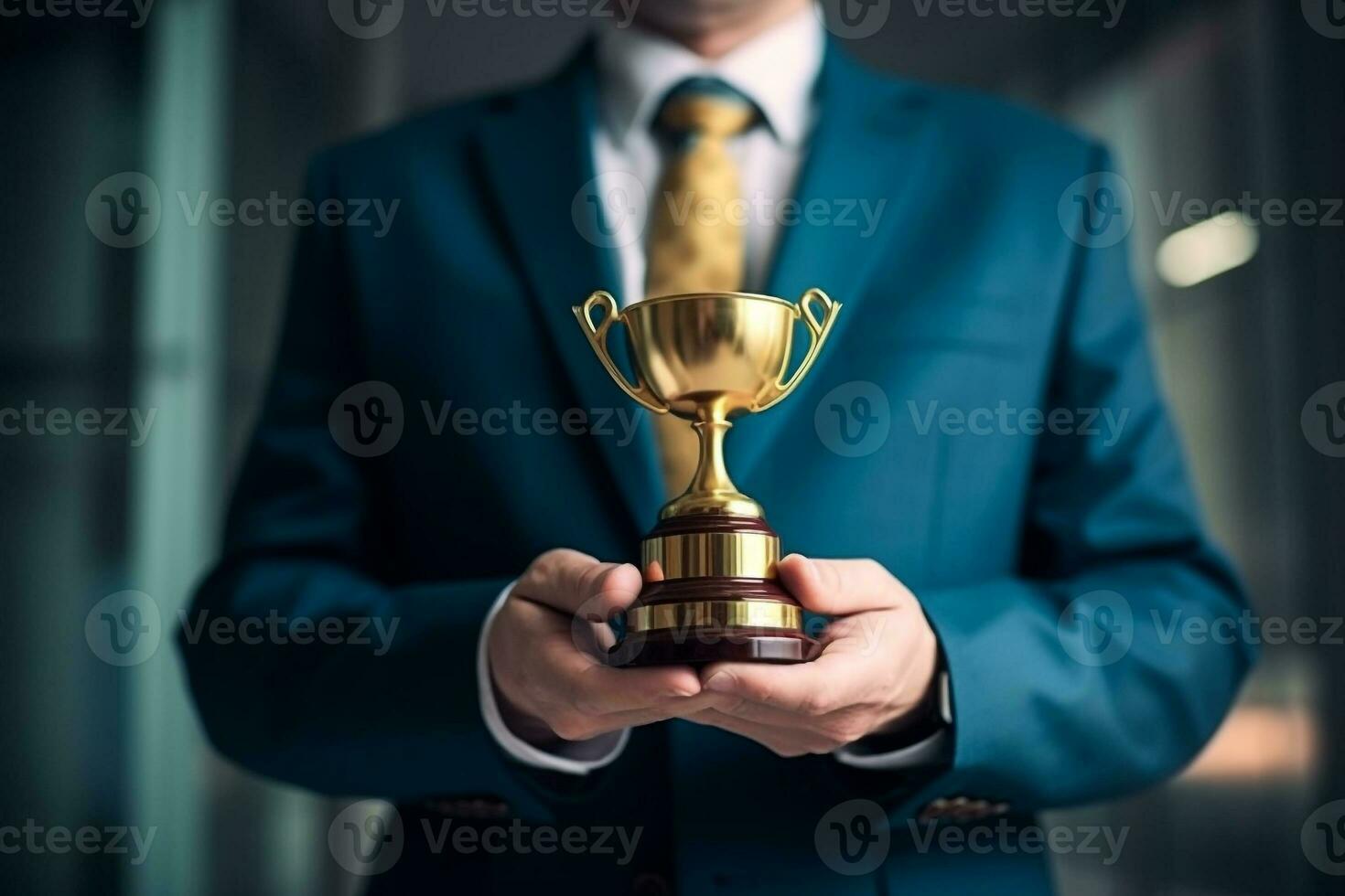 Businessman showing trophy to show victory.Generative Ai. photo