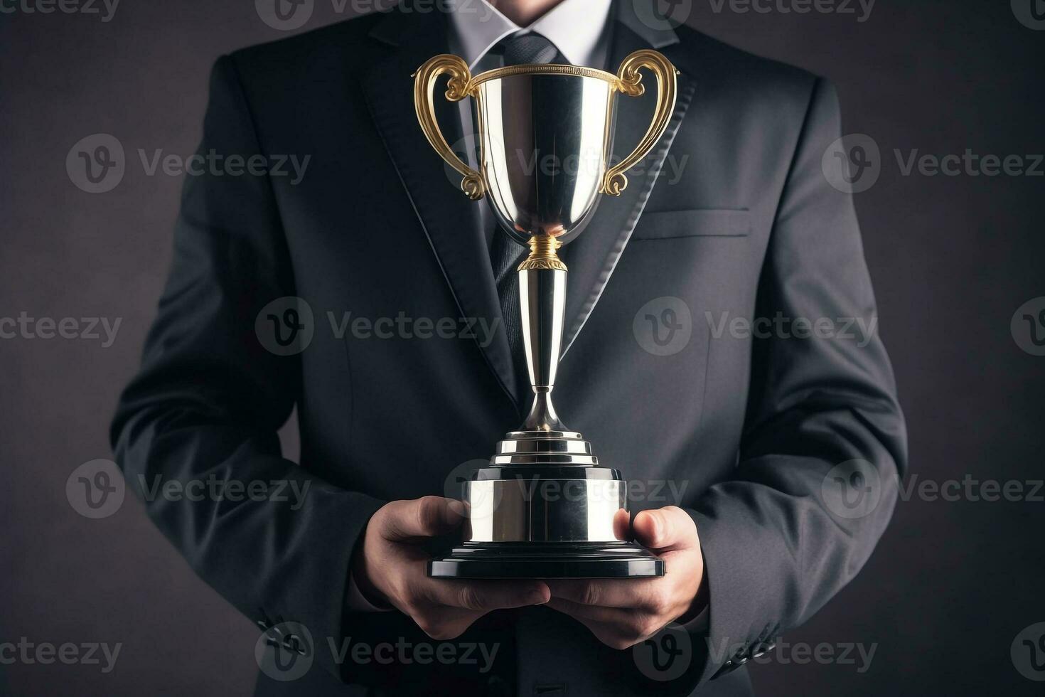 Businessman showing trophy to show victory.Generative Ai. photo