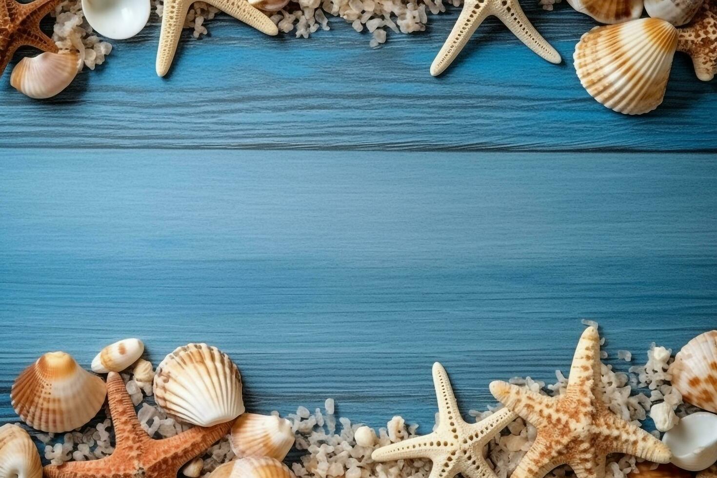Top view Seashells,star fish on blue wooden background.Generative Ai. photo