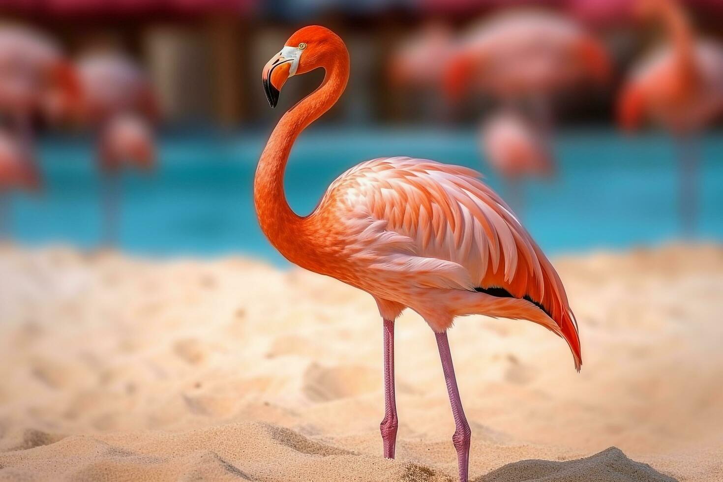 Beautiful flamingos on the sandy beach.Generative Ai. photo