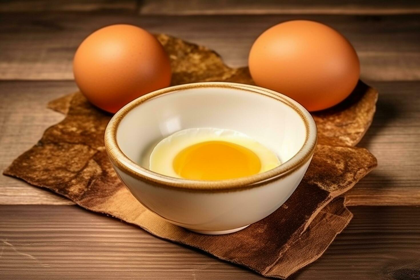 Egg on ceramic bowl  wooden background.Generative Ai. photo