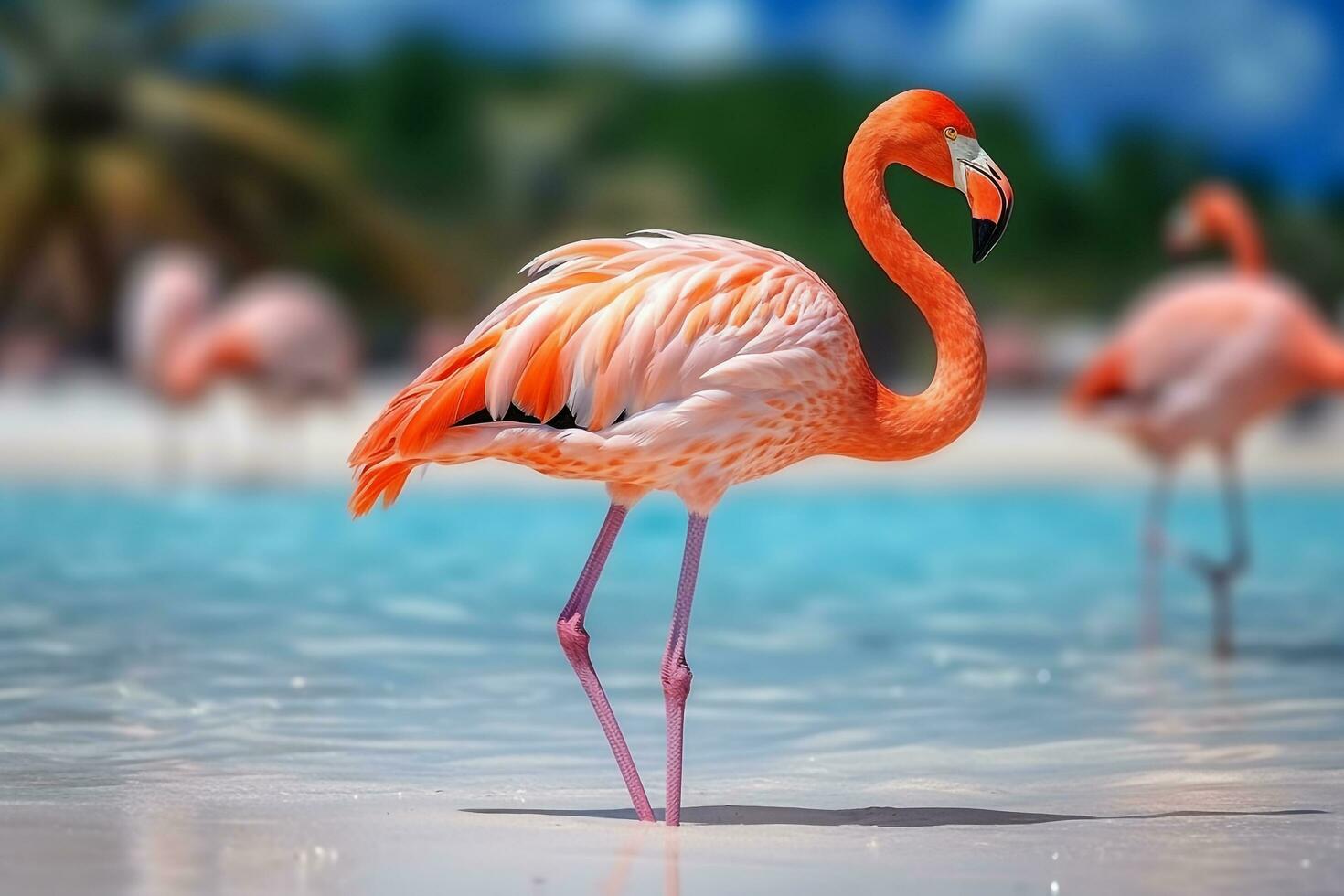 Beautiful flamingos on the sandy beach.Generative Ai. photo