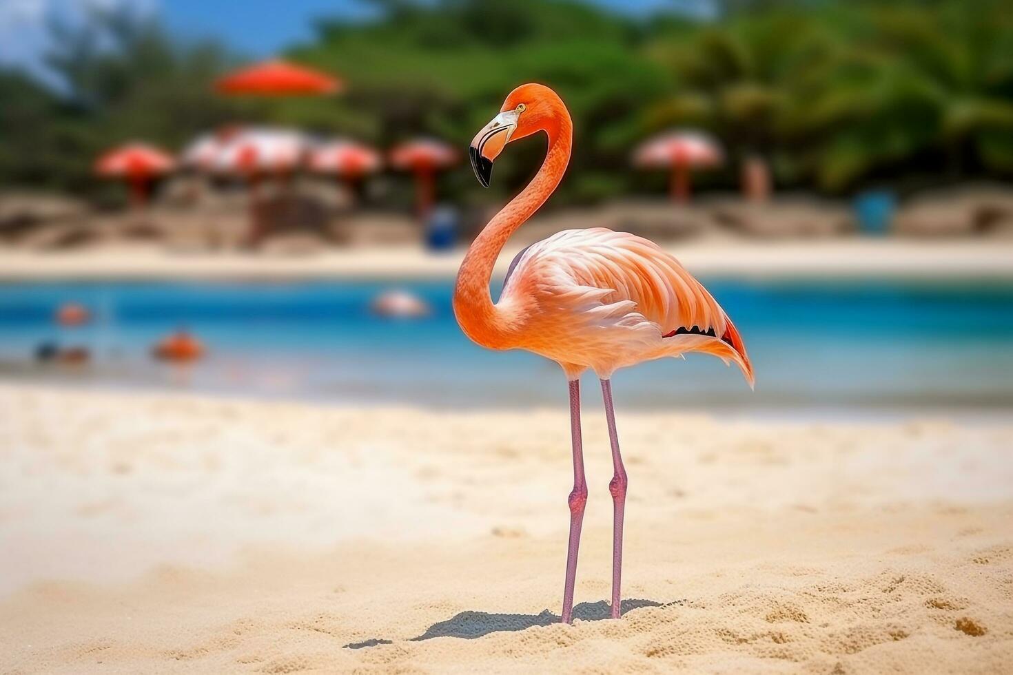 Beautiful flamingos on the sandy beach.Generative Ai. photo