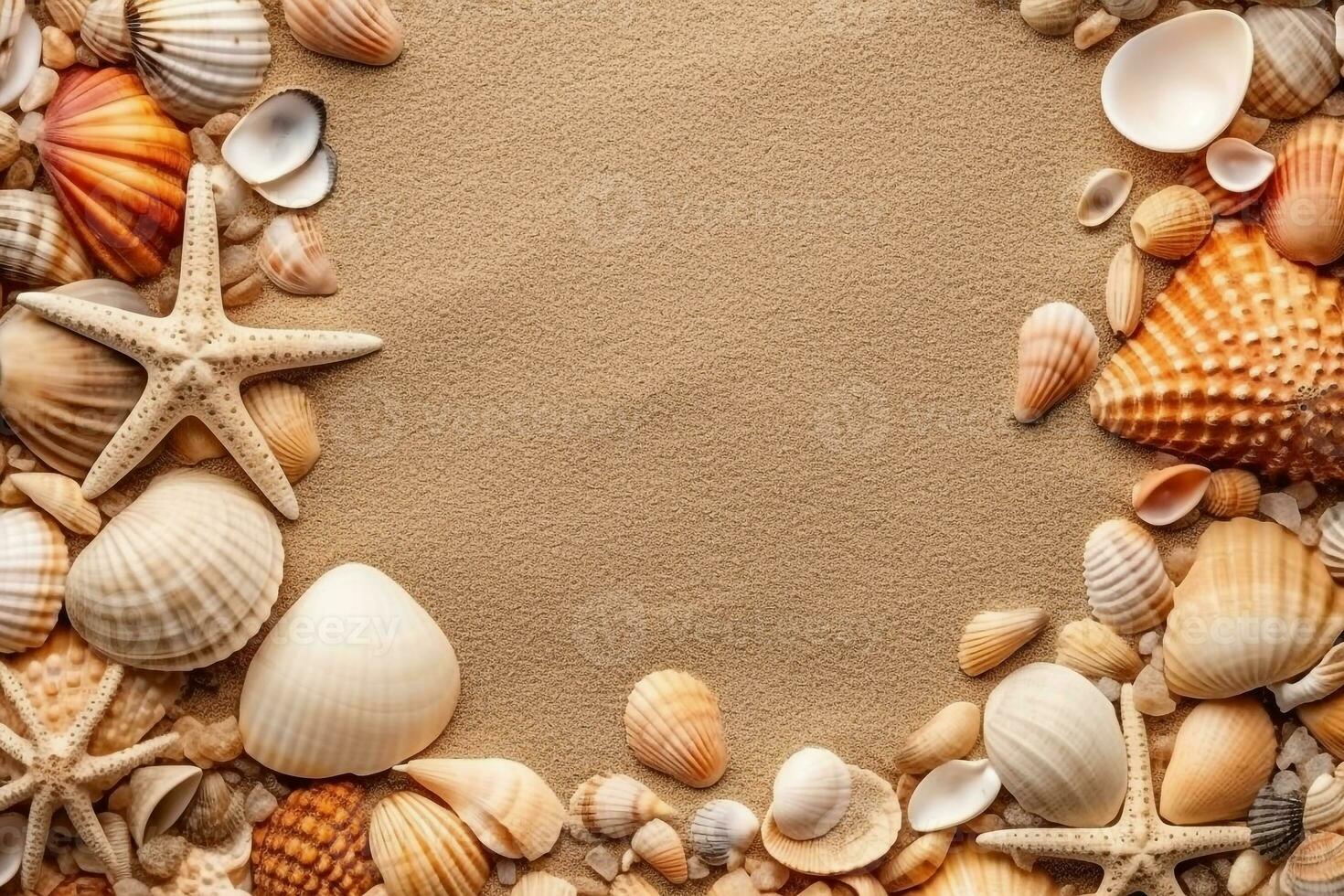 Beautiful seashells,star fish, on sand beach.Generative Ai. photo