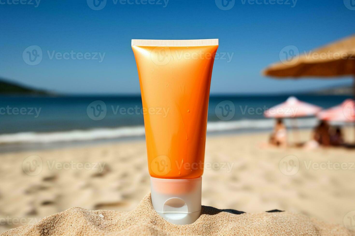 Sun protection cream and seashell on the sand beach.Generative Ai. photo