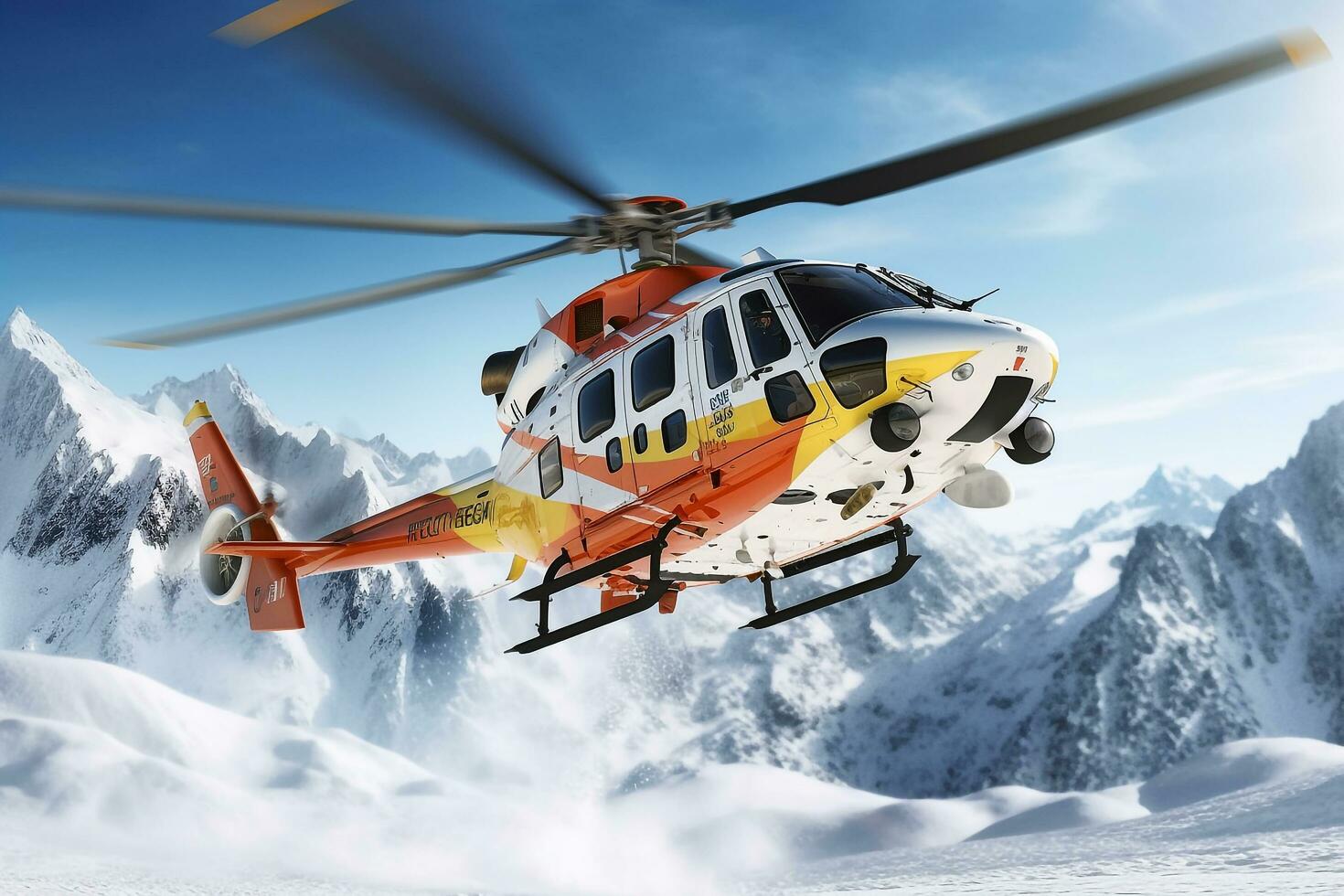 Snow mountain rescue helicopter is taking off.Generative Ai. photo