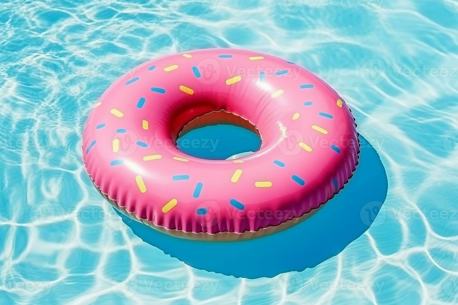 Rubber ring pink donut shaped float in a pool.Generative Ai. photo