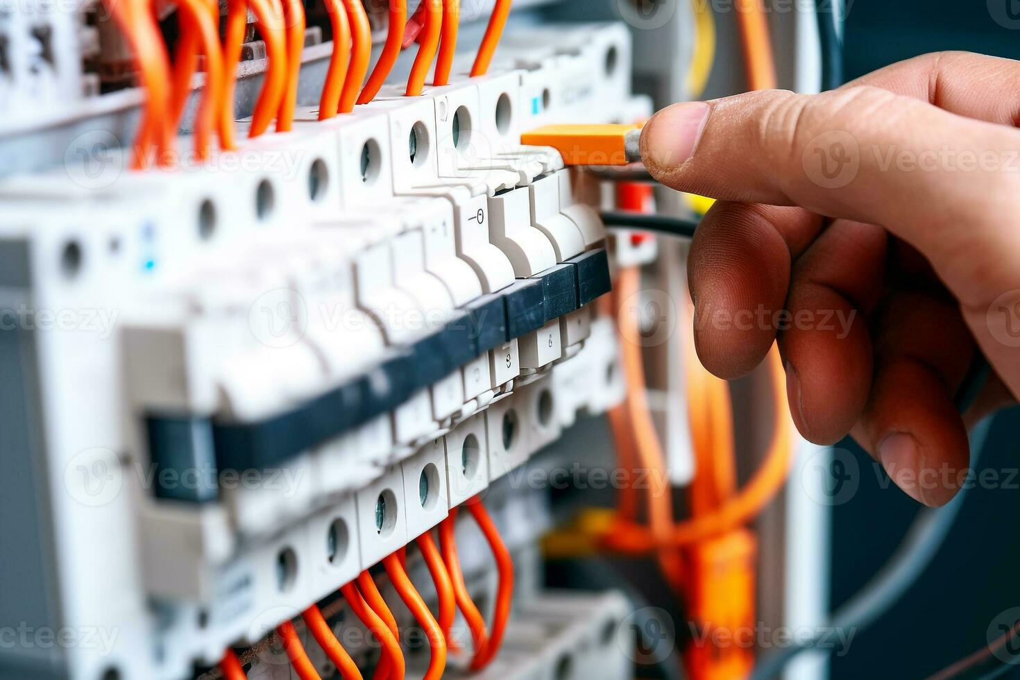 Electrician installing electrical wires and fuse switch box.Generative Ai. photo