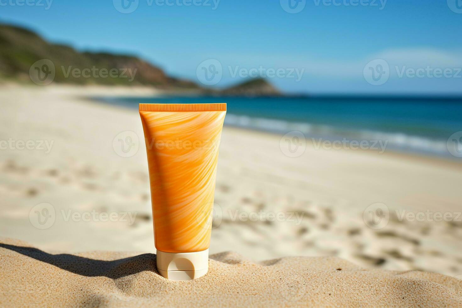 Sun protection cream and seashell on the sand beach.Generative Ai. photo