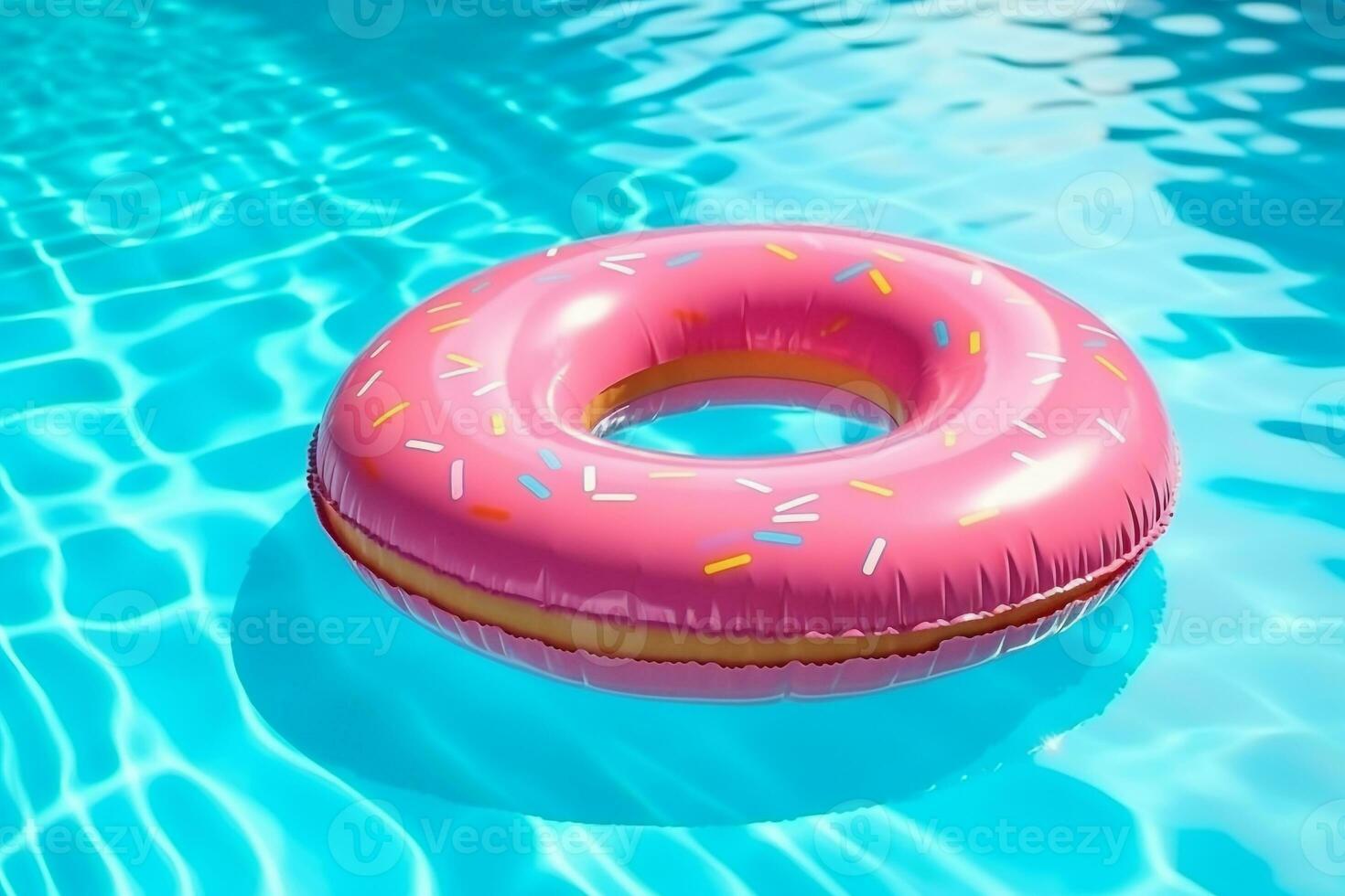 Rubber ring pink donut shaped float in a pool.Generative Ai. photo