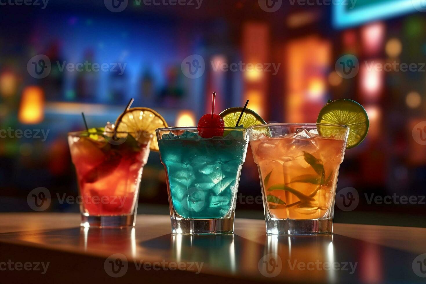 Cocktails bar counter with party lights background.Generative Ai. photo