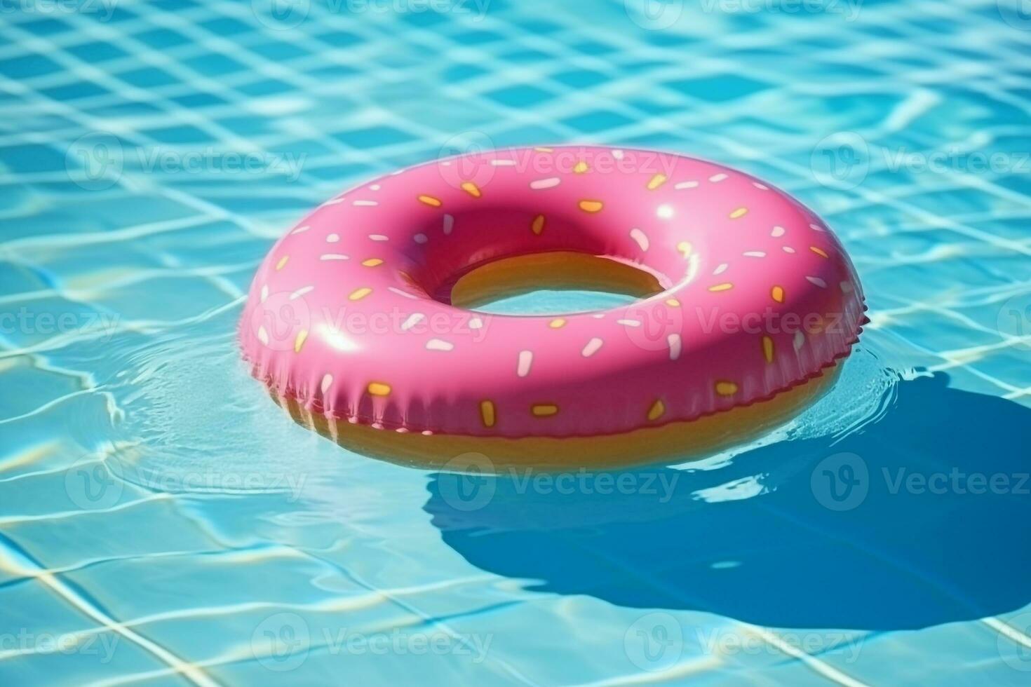 Rubber ring pink donut shaped float in a pool.Generative Ai. photo