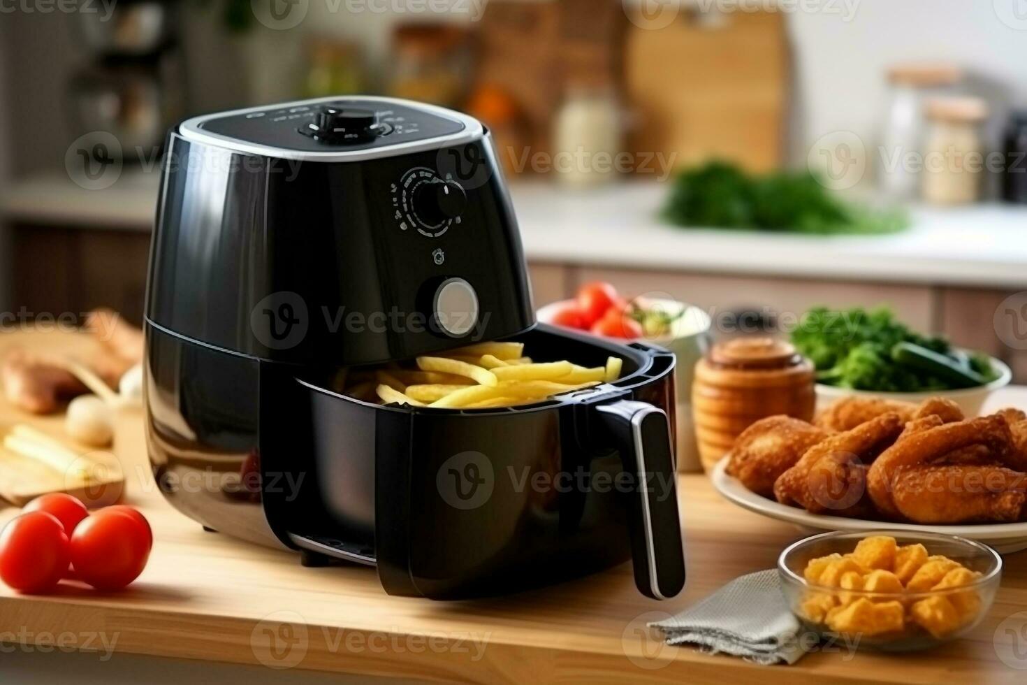 Air fryer on wooden table in modern kitchen.Generative Ai. photo