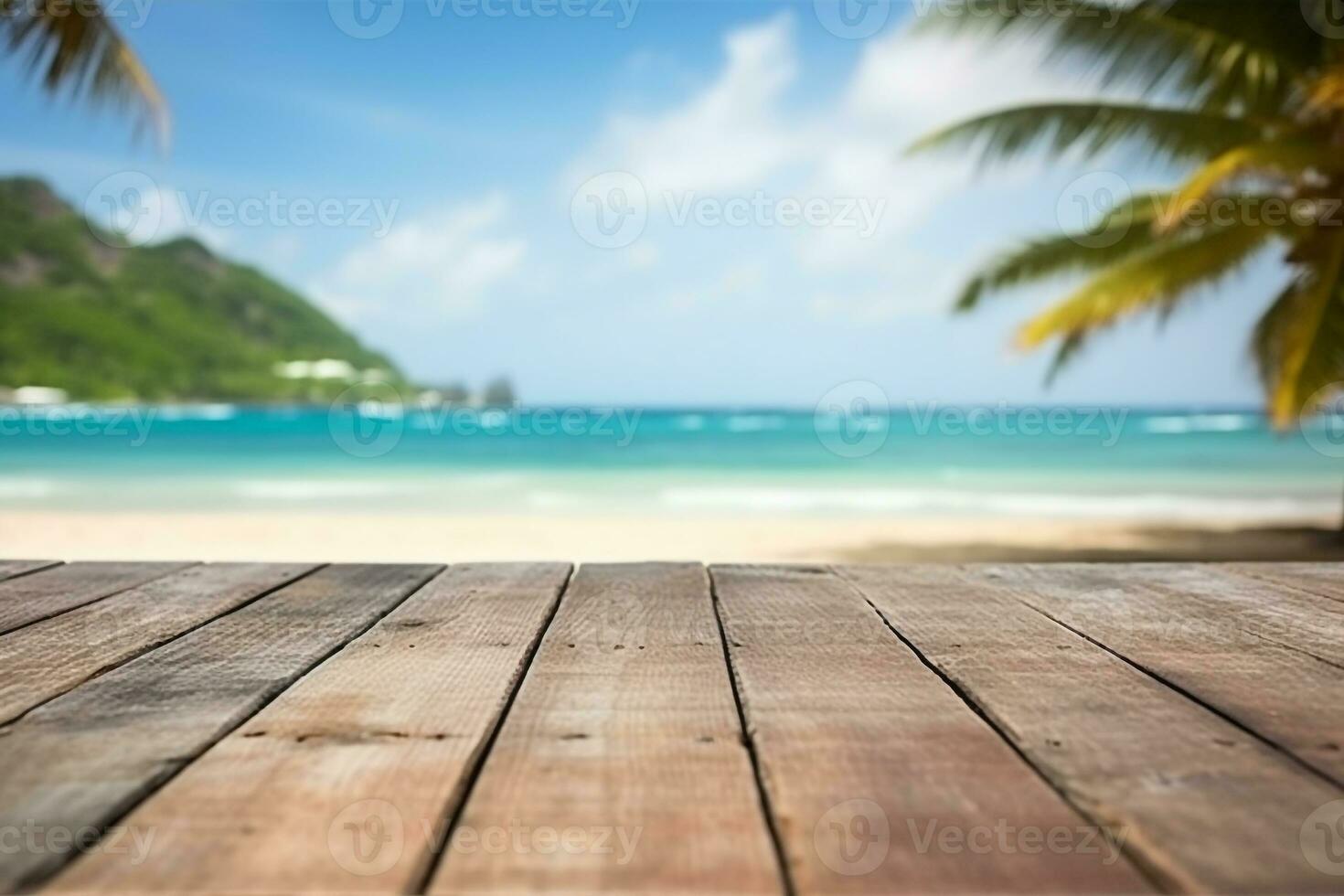 Wooden table with beach and sea background.Generative Ai. photo