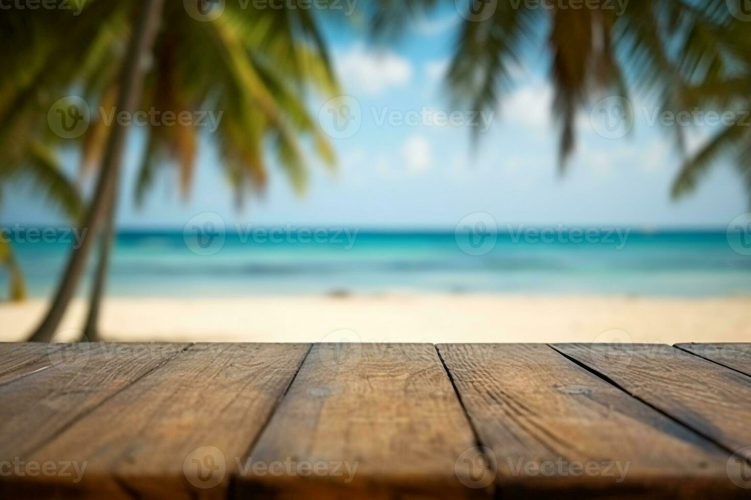 Wooden table with beach and sea background.Generative Ai. photo