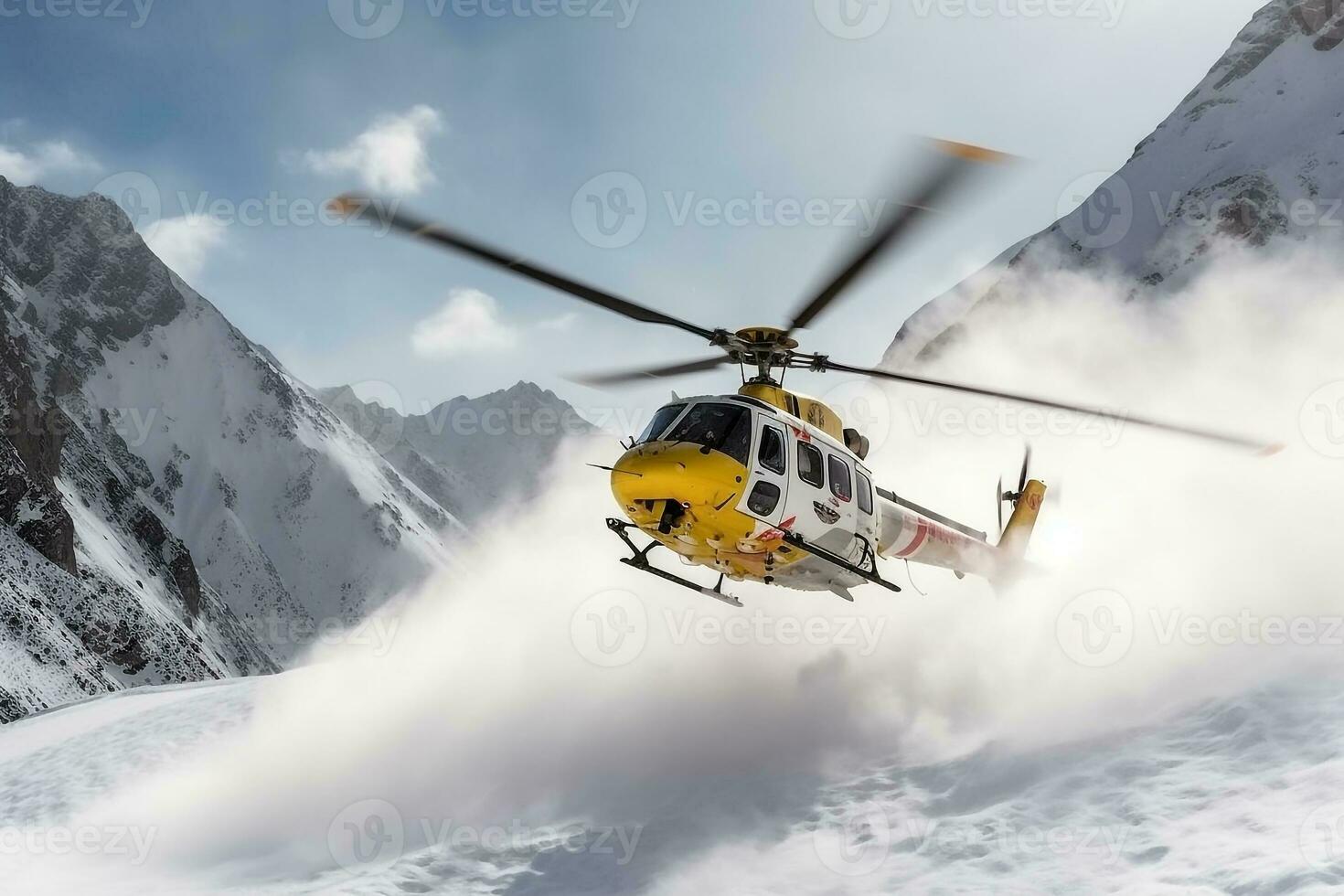 Snow mountain rescue helicopter is taking off.Generative Ai. photo