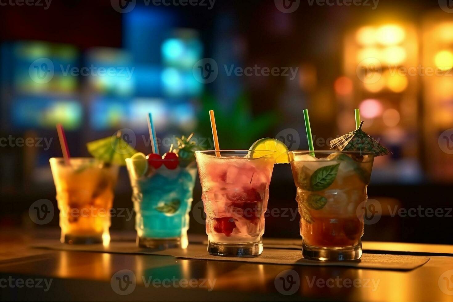 Cocktails bar counter with party lights background.Generative Ai. photo