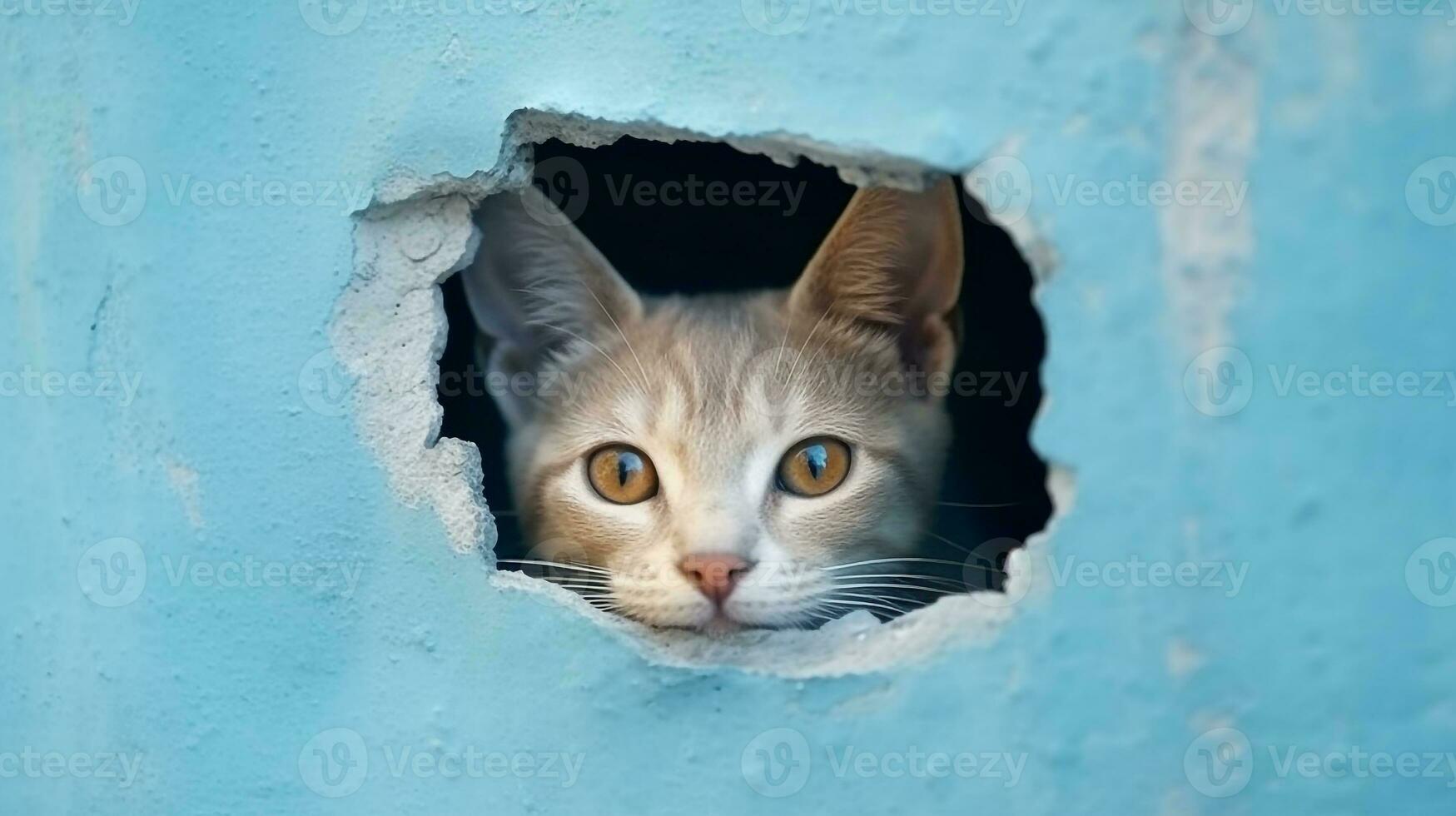 American Shorthair cat emerges from blue wall.Generative Ai. photo