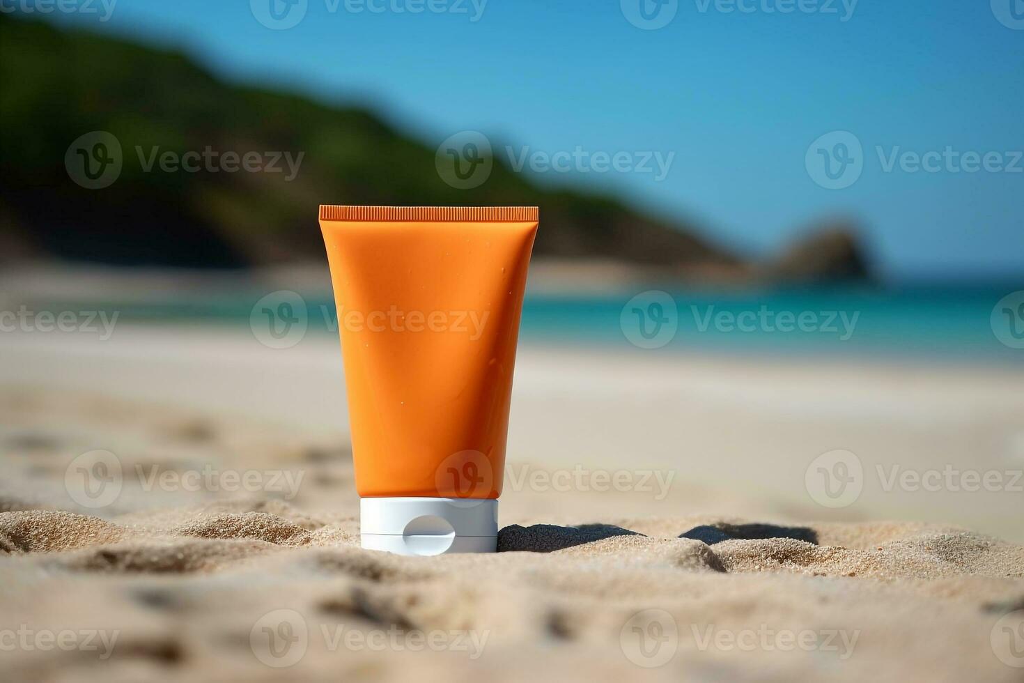 Sun protection cream and seashell on the sand beach.Generative Ai. photo