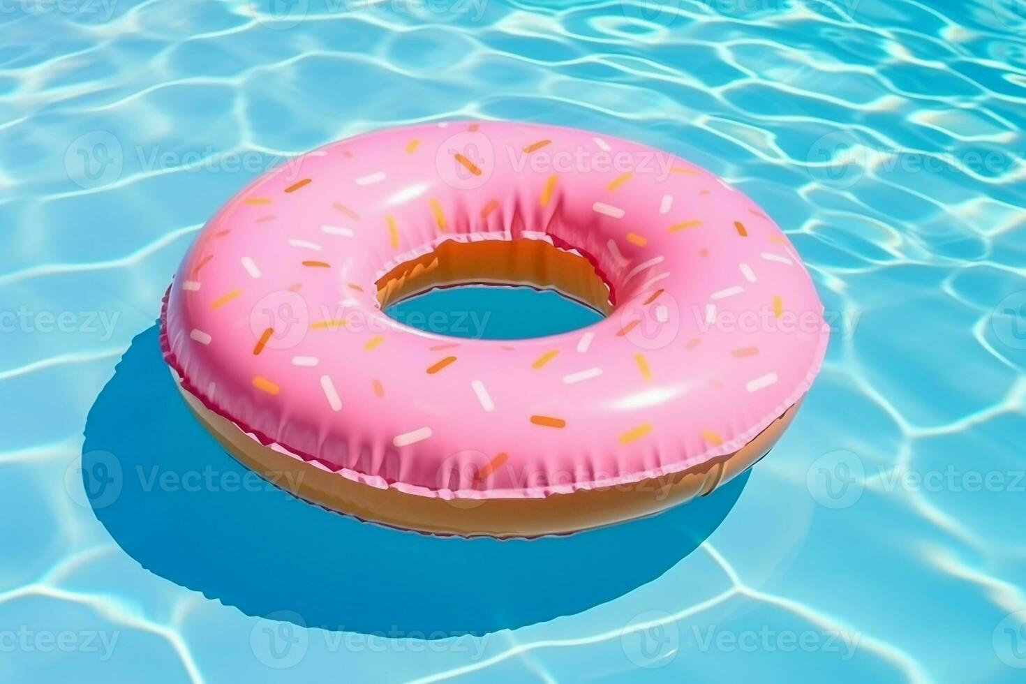 Rubber ring pink donut shaped float in a pool.Generative Ai. photo