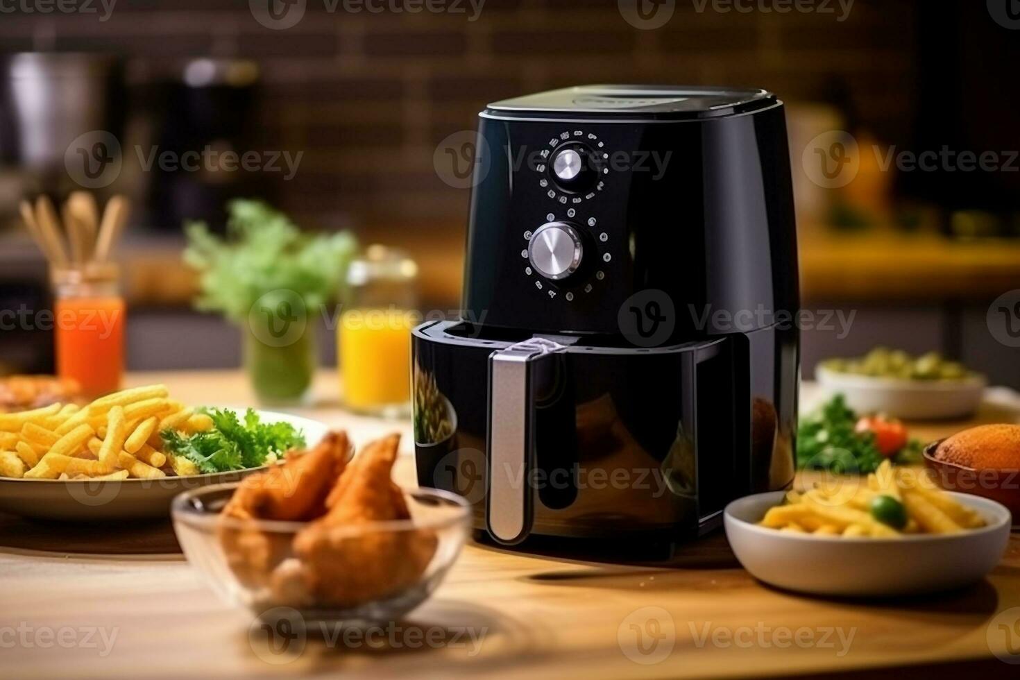 Air fryer or free oil machine with french fries on basket with small plant  and wooden table of the modern interior design kitchen, illustration created  by generative AI. ilustración de Stock