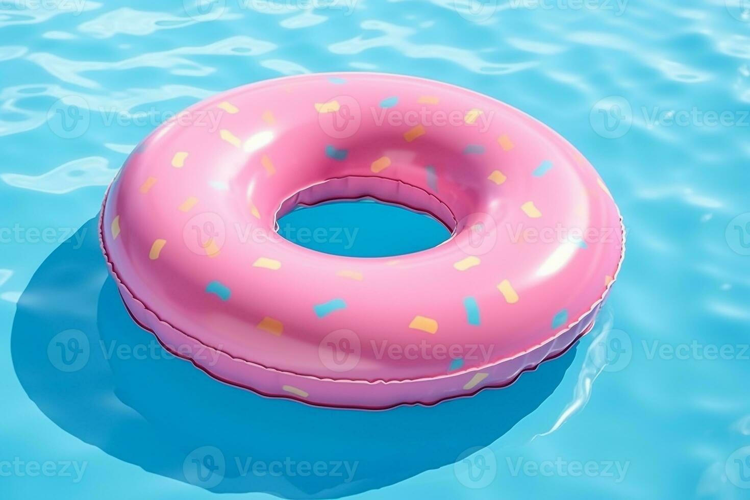 Rubber ring pink donut shaped float in a pool.Generative Ai. photo