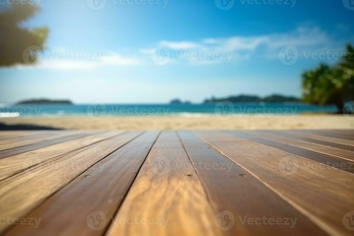 Wooden table with beach and sea background.Generative Ai. photo