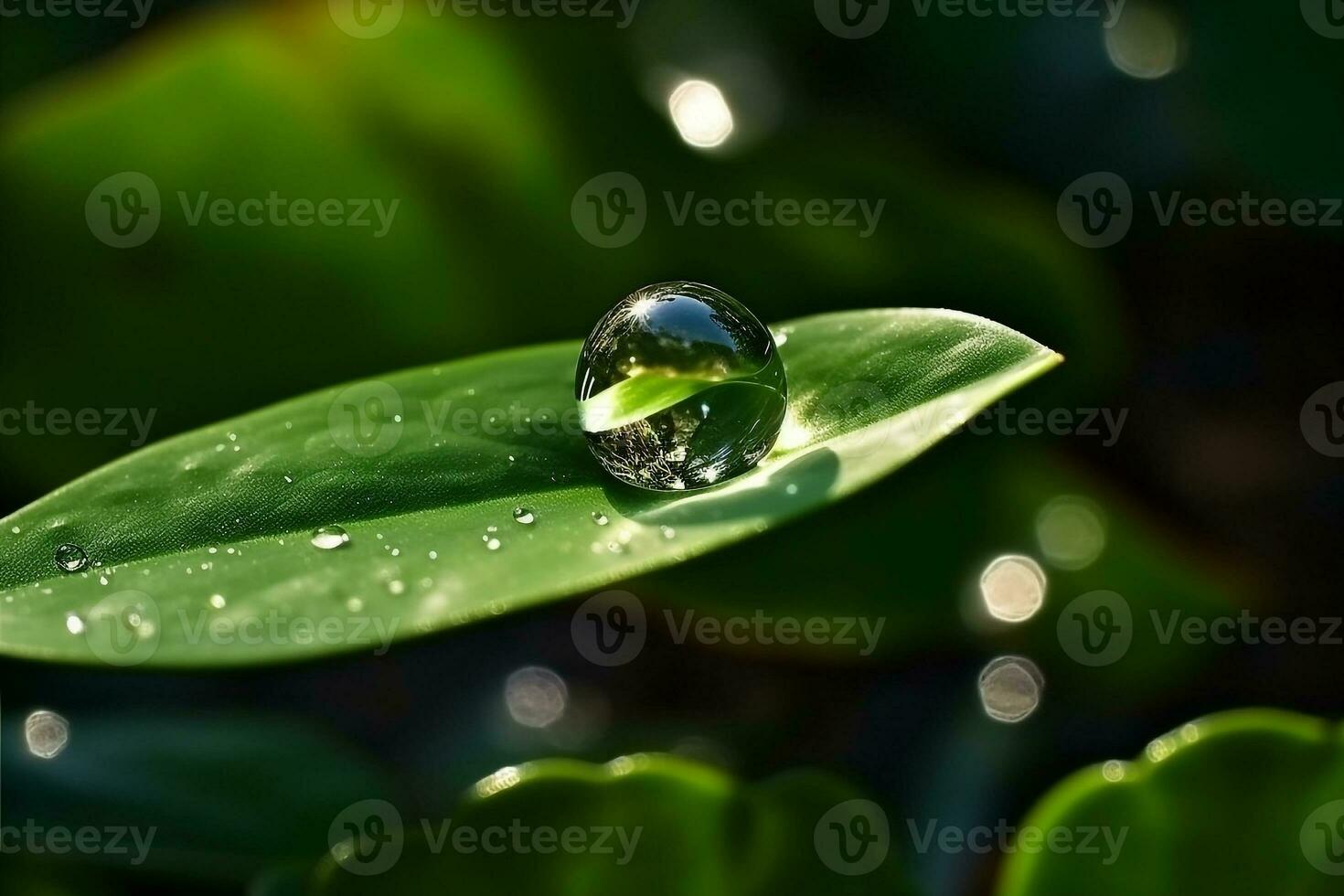 Drop water on green leaf.Generative Ai. photo