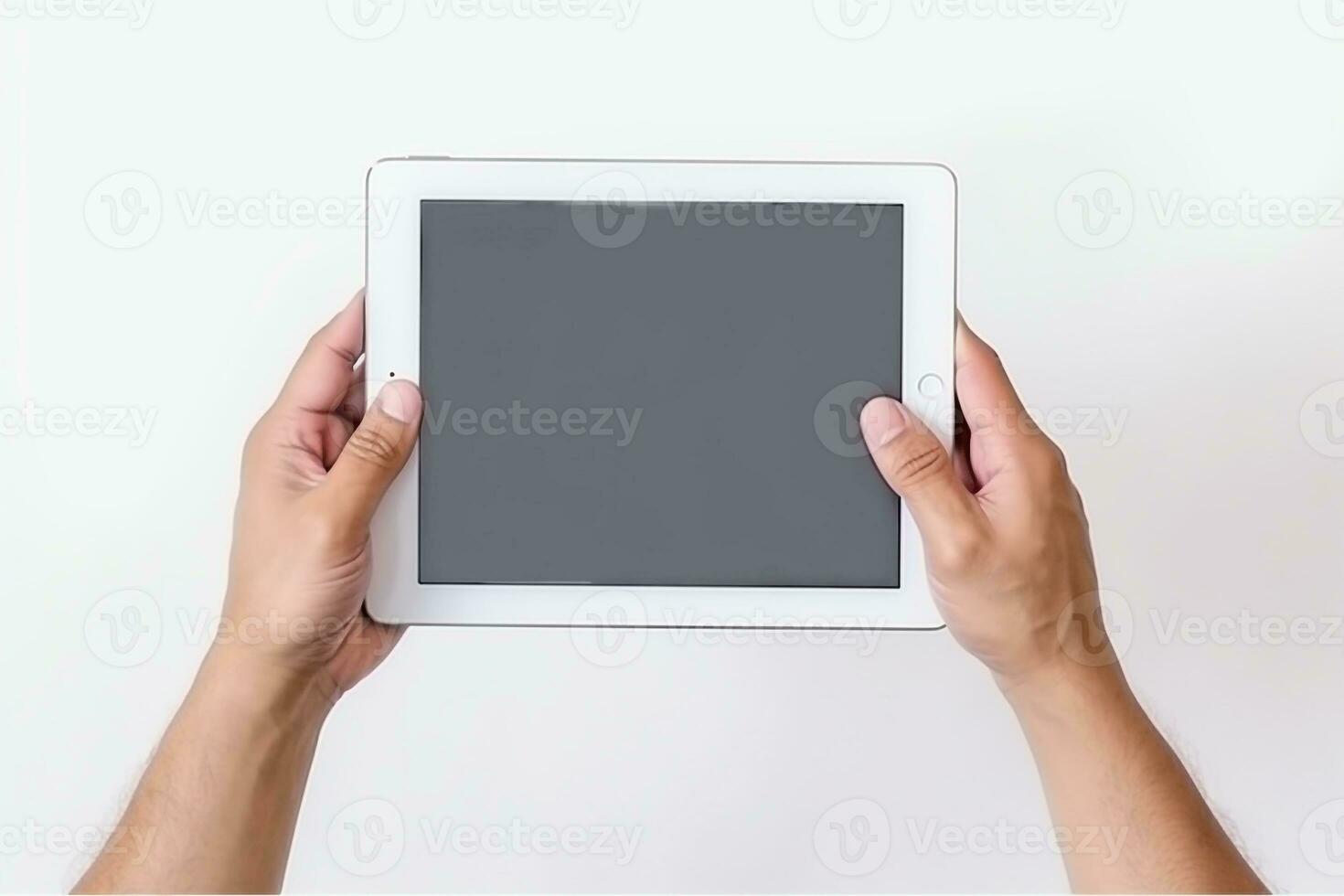 Hand holding tablet computer isolated on white background.Generative Ai. photo
