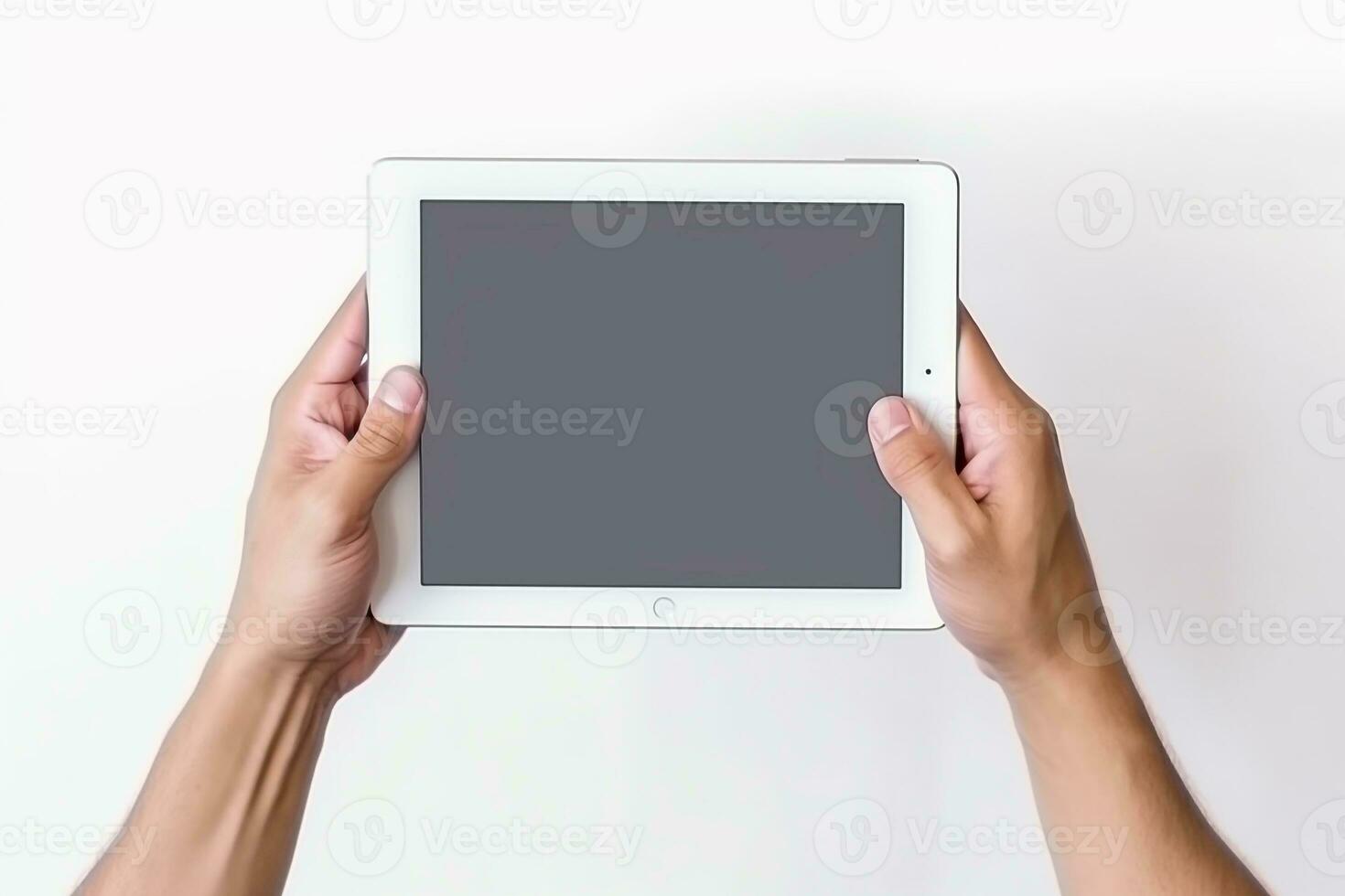 Hand holding tablet computer isolated on white background.Generative Ai. photo