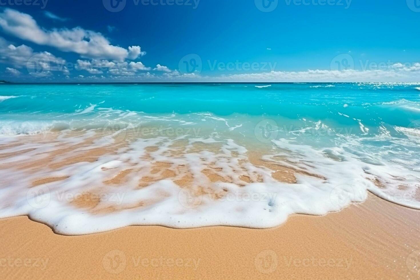 Blue ocean waves on clean sandy beach with sunshine.Generative Ai. photo