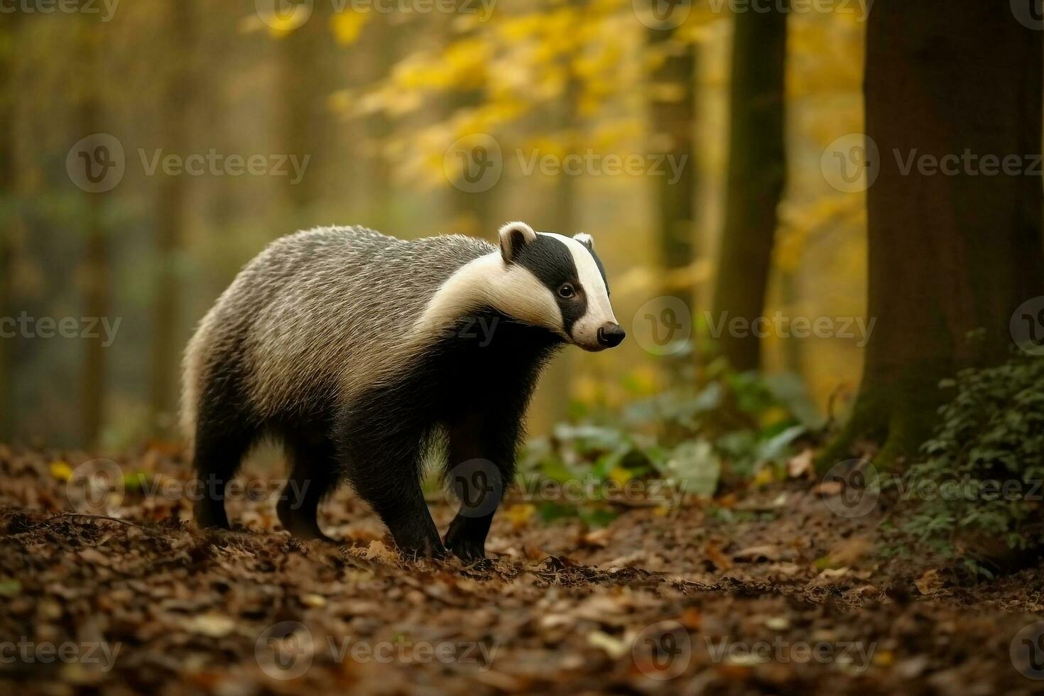 European badger walking in the forest.Generative Ai. photo