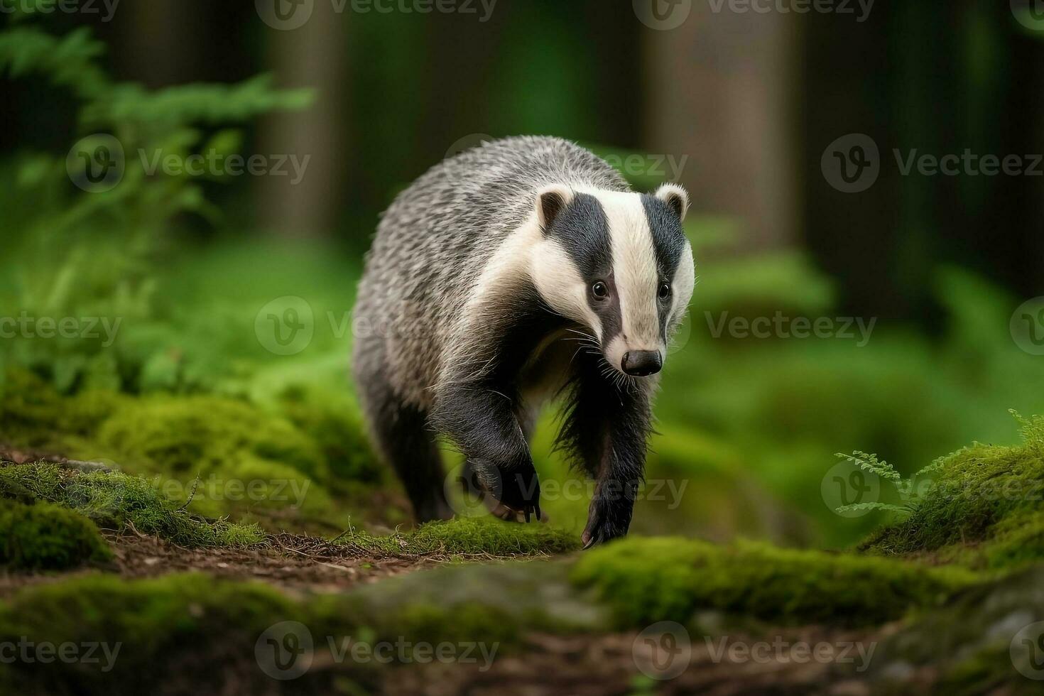 European badger walking in the forest.Generative Ai. photo