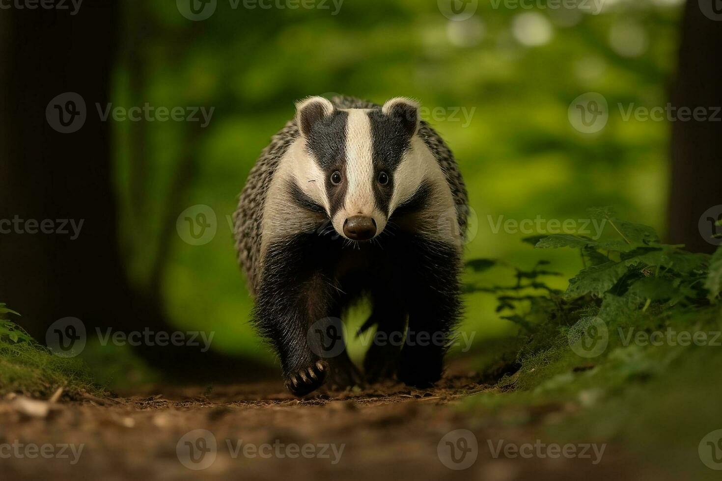 European badger walking in the forest.Generative Ai. photo