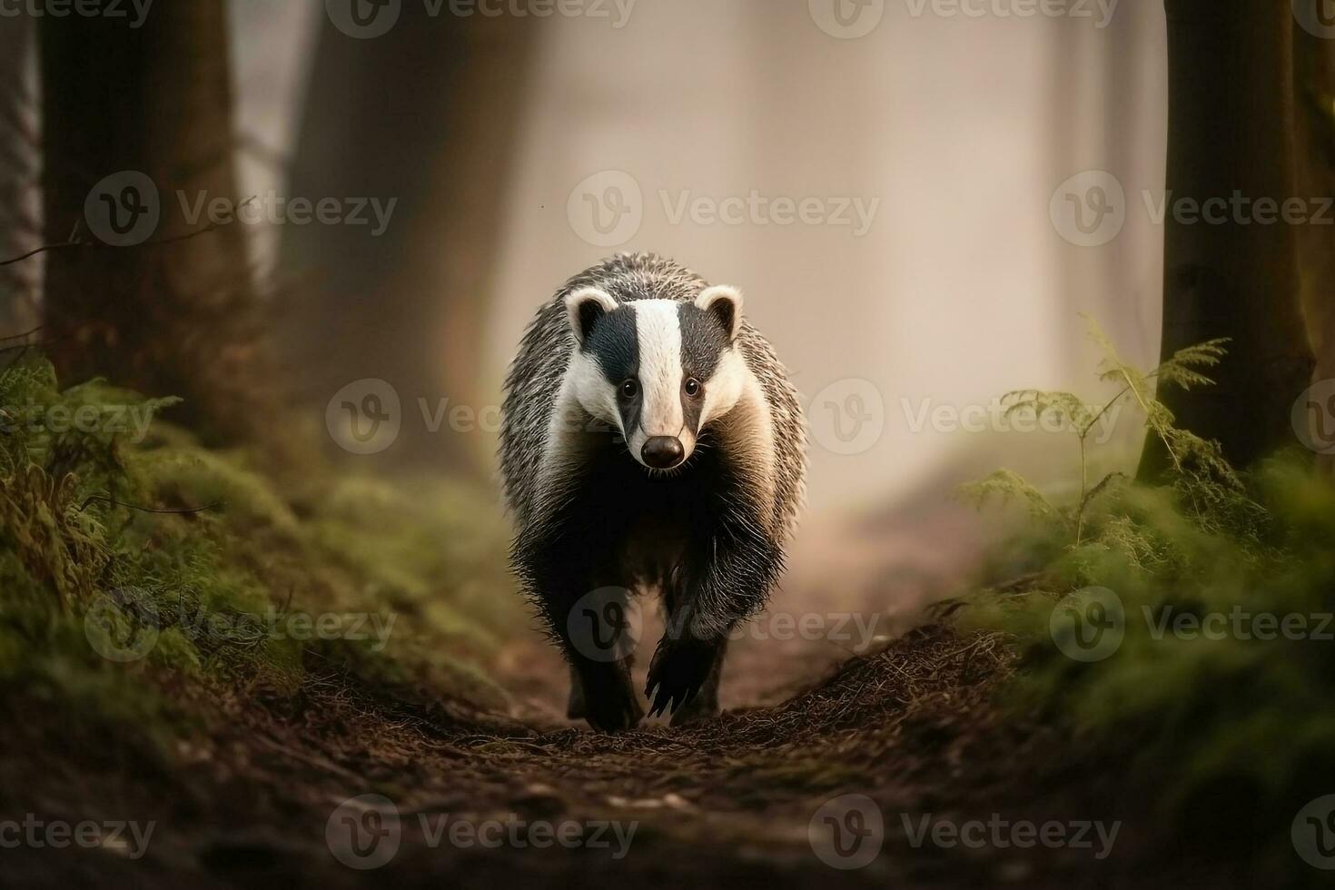 European badger walking in the forest.Generative Ai. photo