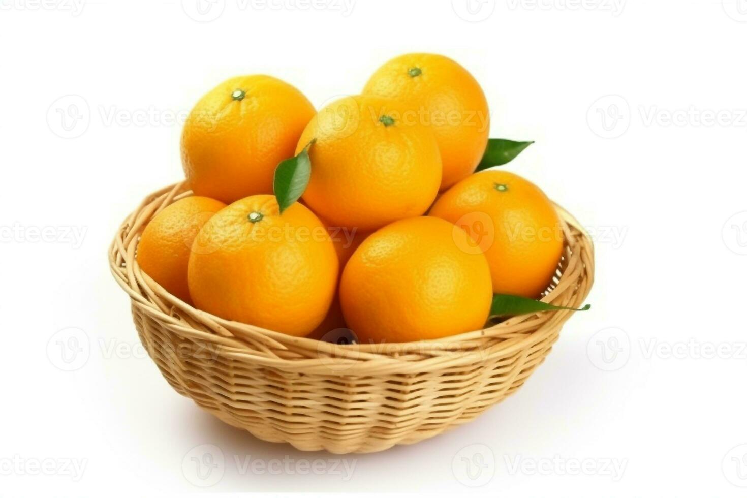 Orange in wicker basket isolated on white background.Generative Ai. photo