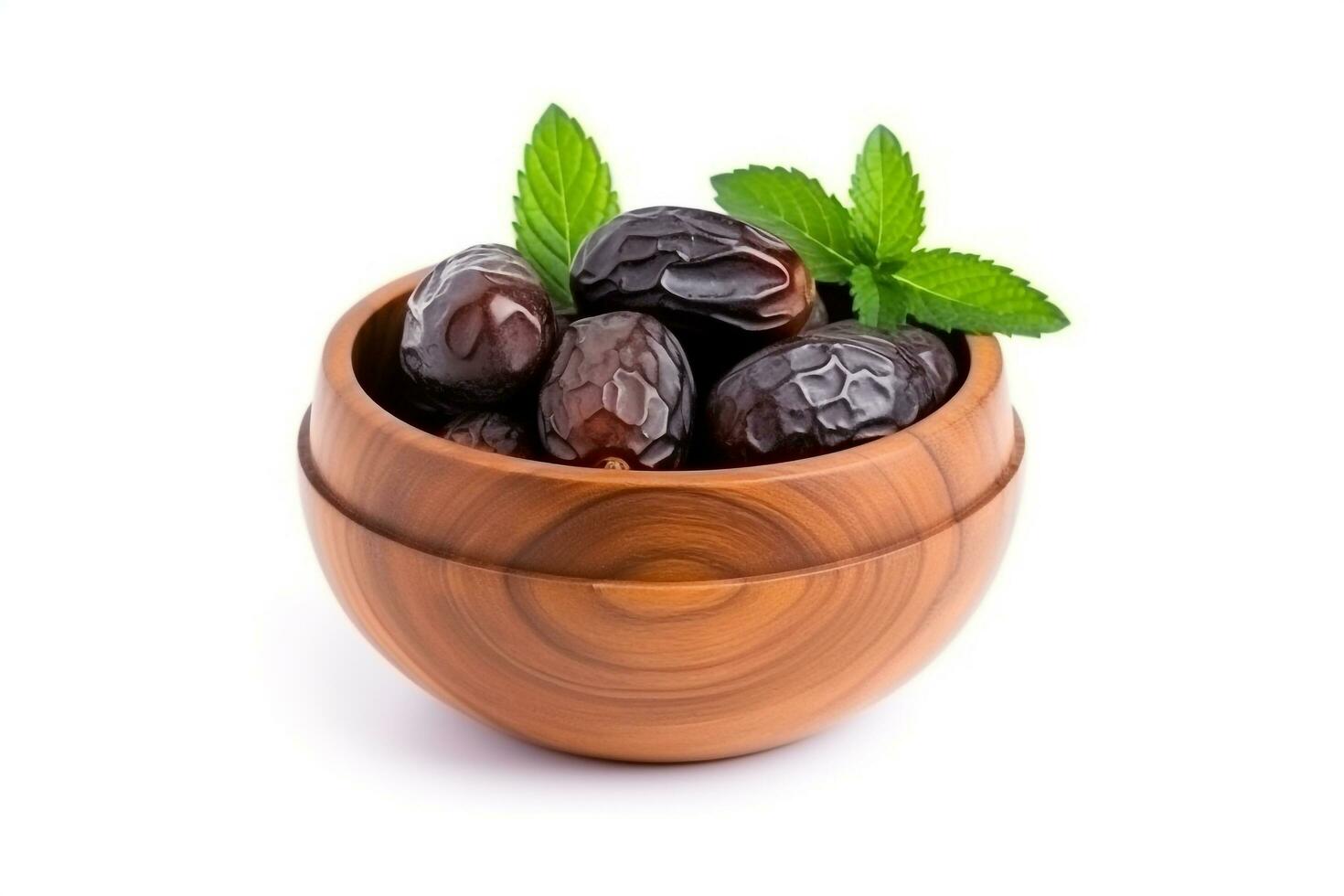 Dried prunes in wooden bowl isolated on white background.Generative Ai. photo