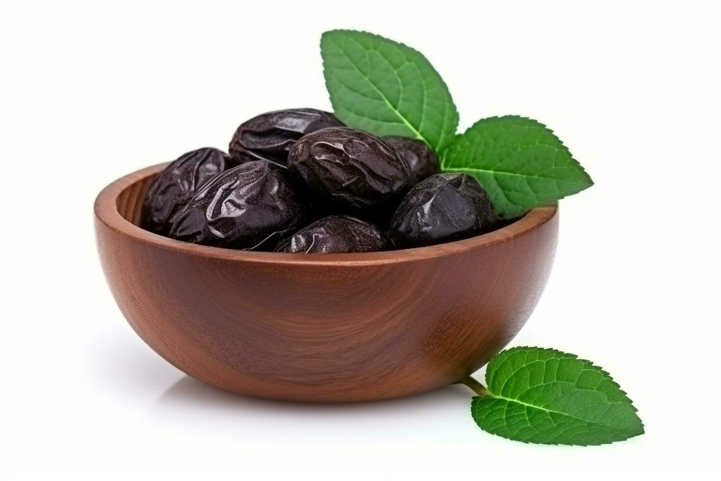 Dried prunes in wooden bowl isolated on white background.Generative Ai. photo