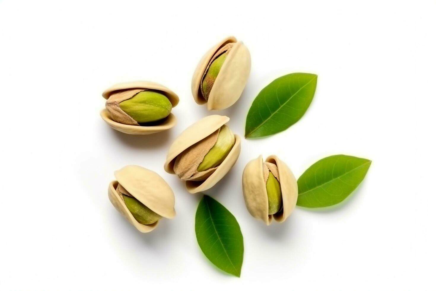 Pistachio and leaf isolated on white background .Generative Ai. photo