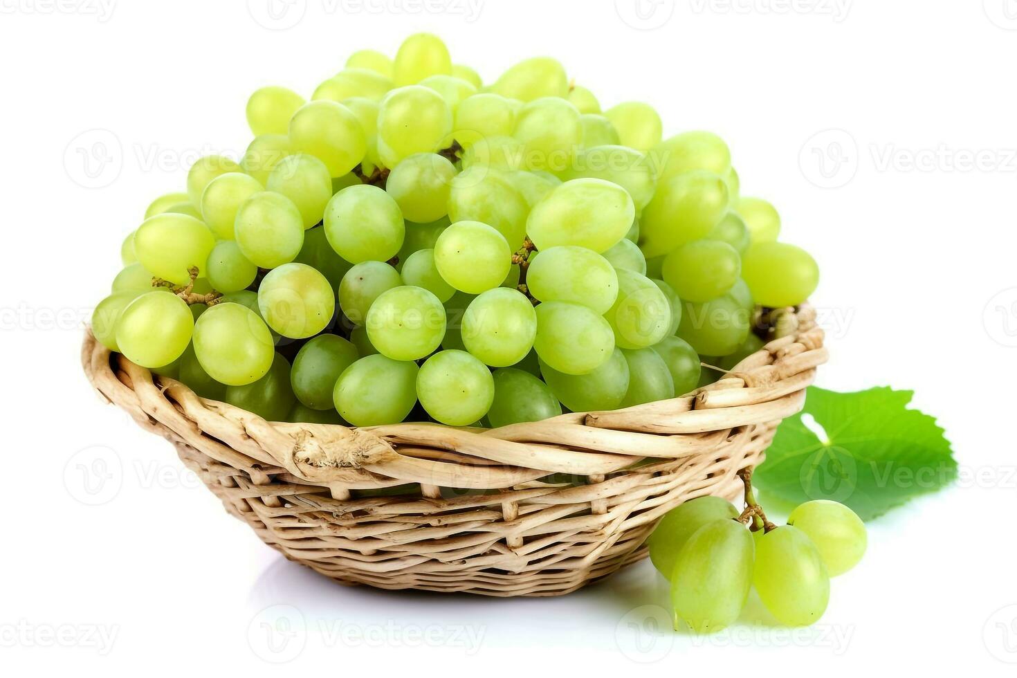 Green grape in wicker basket isolated on white background.Generative Ai. photo
