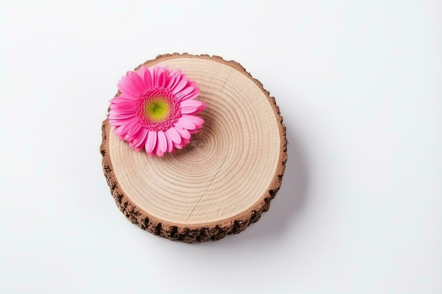 Podium minimal empty wooden with pink flower on white background.Generative Ai. photo