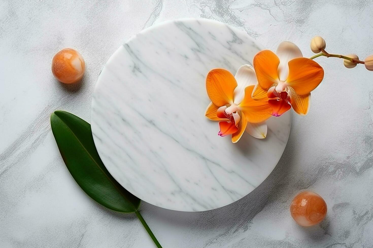 Top view marble circle on white background with orchid flower.Generative Ai. photo