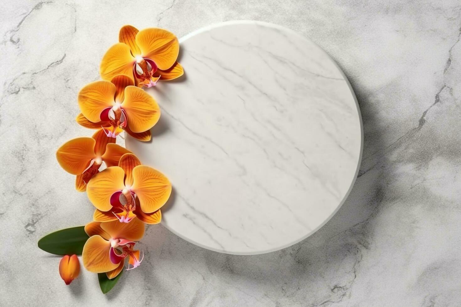 Top view marble circle on white background with orchid flower.Generative Ai. photo