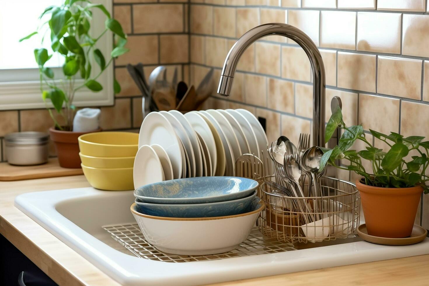 cocina mostrador ventana con lavabo para plato.generativo ai. foto