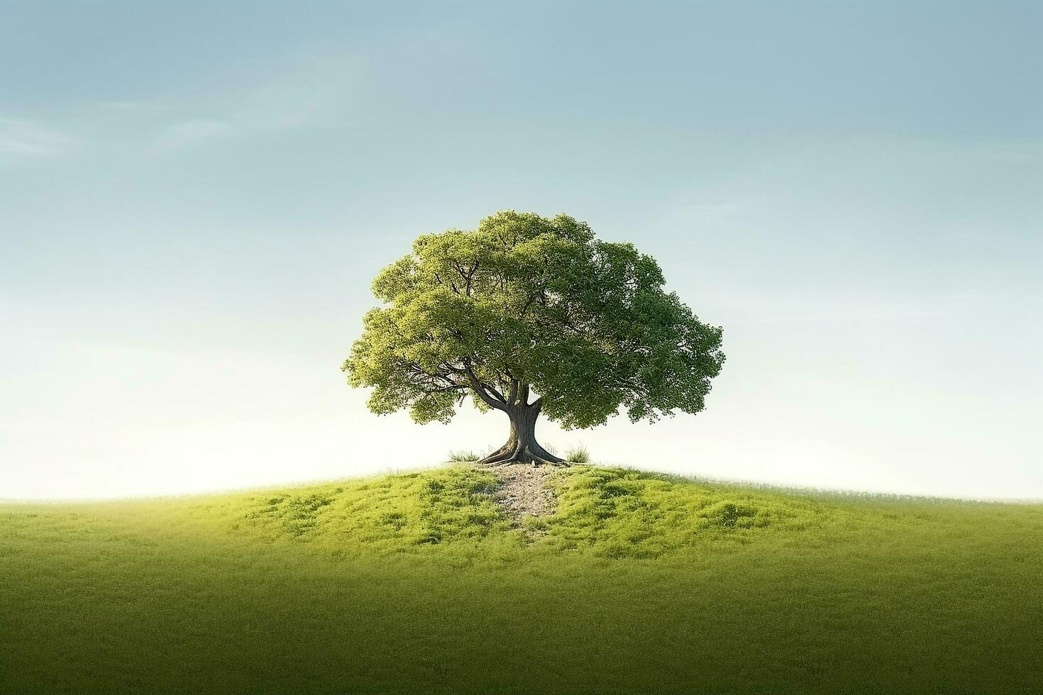 Big tree in the meadow against the blue sky.Generative Ai. photo