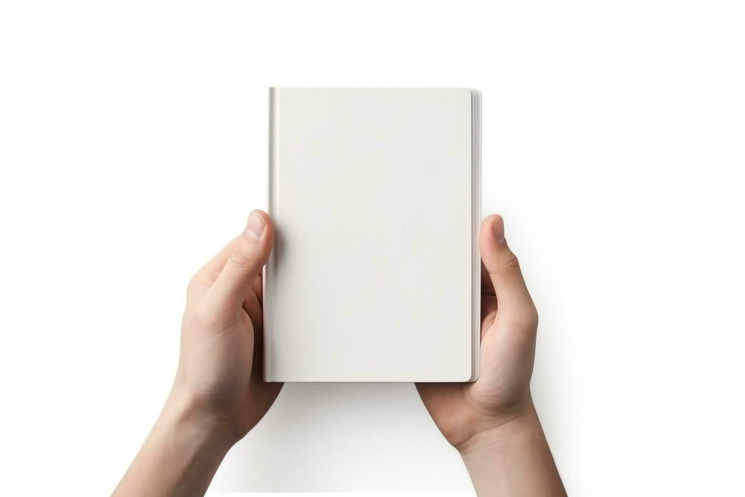 Hand holding blank book on white background.Generative Ai. photo